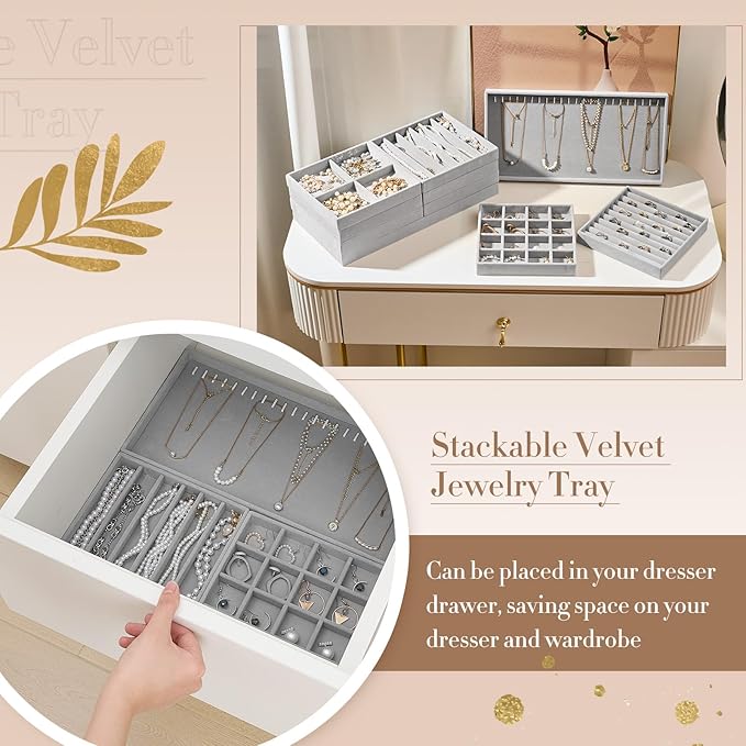 Set of 10 Stackable Jewelry Organizer Trays for Drawer 14 Inch Velvet Jewelry Drawer Insert Display Storage with Removable Divider for Necklace Earring Ring Watch Bracelet (Gray)
