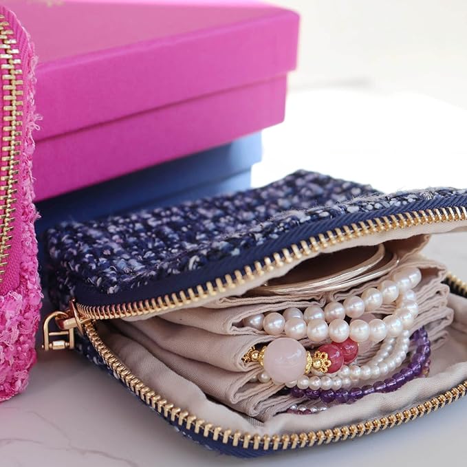 Travel Jewelry Organizer, Tweed Square Bag with 6 Compartments, Pink Zippered Case for Necklaces and Bracelets, Protective Storage Pouch (Hot Pink)