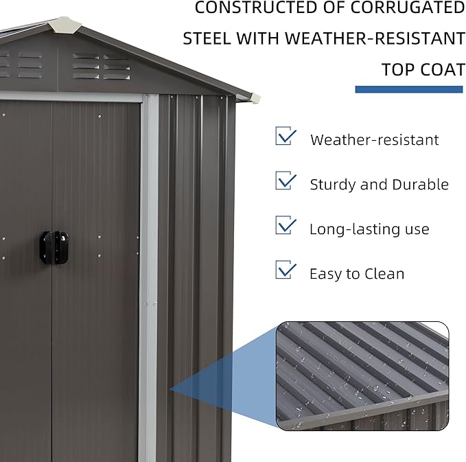 JYQAQA 6x4 FT Outdoor Garden Storage Shed,Waterproof Metal Garden Sheds with Lockable Double Door,Weather Resistant Steel Tool Storage Shed for Patio,Lawn Gray
