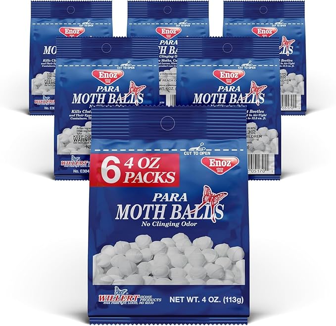 Enoz para Moth Balls for Closets and More - Kills Clothes Moths and Carpet Beetles - Moth Balls for Indoor Use - No Clinging Odor - 4 Oz, 6 Pack