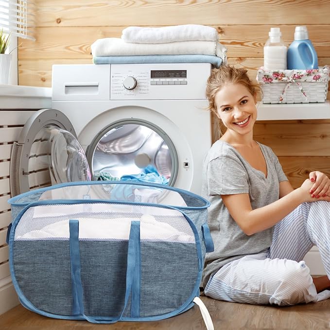 Collapsible Laundry Baskets, Tear Proof Pop Up Laundry Hamper with Dual Handles, Durable Foldable Laundry Basket, Easy to Carry Laundry Hamper for Home, Laundry Room, Bedroom, Dorm, Travel Blue