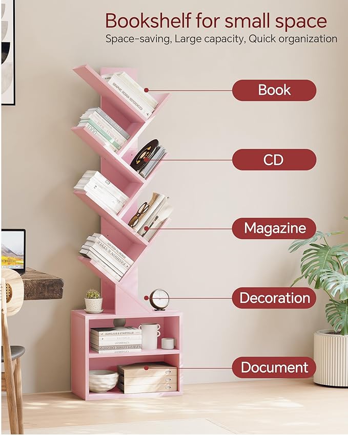 SUNMORY 6 Tier Tree Bookshelf, Small Bookcase with Storage Cabinet, Modern Tall Narrow Bookshelves Organizer, Floor Standing Book Shelf for Bedroom/Living Room/Home Office/Corner, Pink