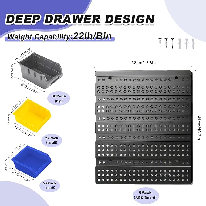 Wall Mounted Storage System 90PCS - Heavy-Duty Plastic Bins for Garage，Home, Closet & Bedroom Organization, Rack Holds Nuts, Bolts, Tools, Hardware