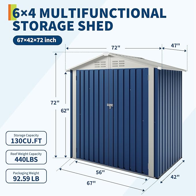 6x4 FT Outdoor Storage Shed, Garden Tool Storage Shed with Sloping Roof and Double Lockable Door, Outdoor Sheds with Panel Protection for Backyard Garden Patio Lawn,Navy Blue
