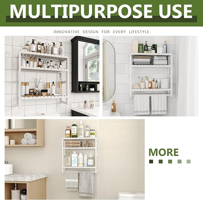 Over The Toilet Storage Bathroom Shelves Wall Mounted 3 Tier Space Saver Corner Shelf Organizer Bamboo Towel Rack Toilet Paper Cabinet with Hanging Rod White