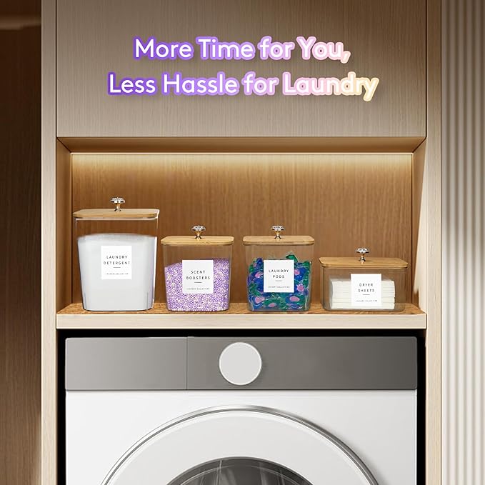 5 Pack Laundry Pod Containers and Dryer Sheet Holder for Laundry Room Organization Acrylic Jars with Lids and Labels for Laundry Detergent Laundry Pods Dry Sheet Organizing