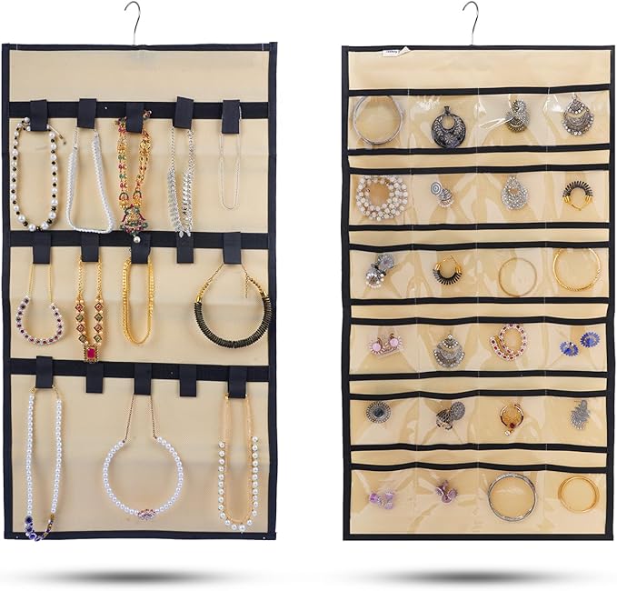 Hanging Jewelry Organizer, Double-Sided Storage with 24 Clear Pockets & 15 Hook Loops, 360° Rotating Hanger, Foldable Closet Jewelry Holder for Necklaces, Bracelets, Rings, Earrings, Beige