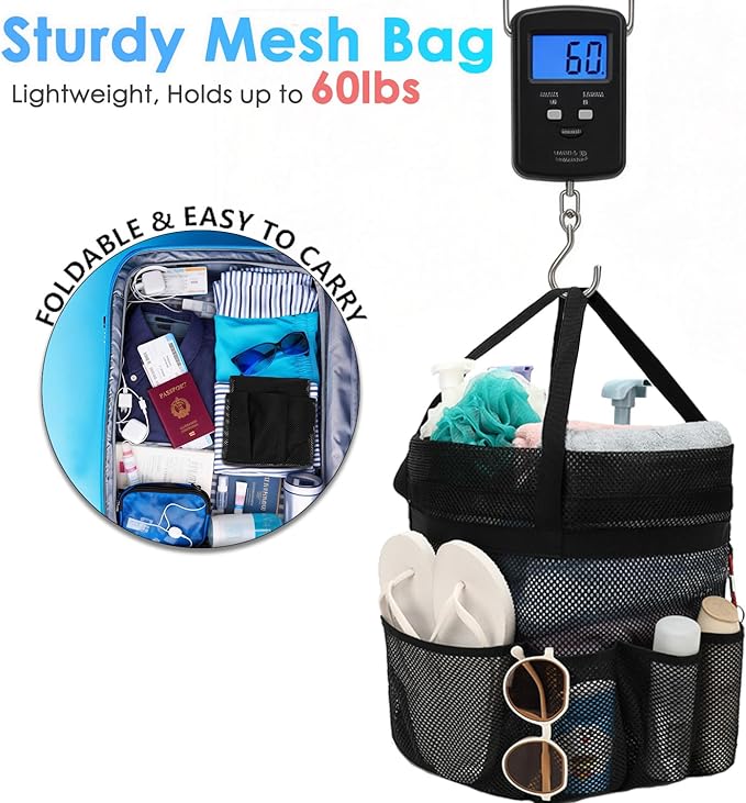 Mesh Shower Caddy Portable with Drawstring, Dorm Room Essentials for College Girls Guys, 8-Pocket Extra Large Shower Bag Basket Tote for Camping Beach Gym Travel Toiletry Bathroom
