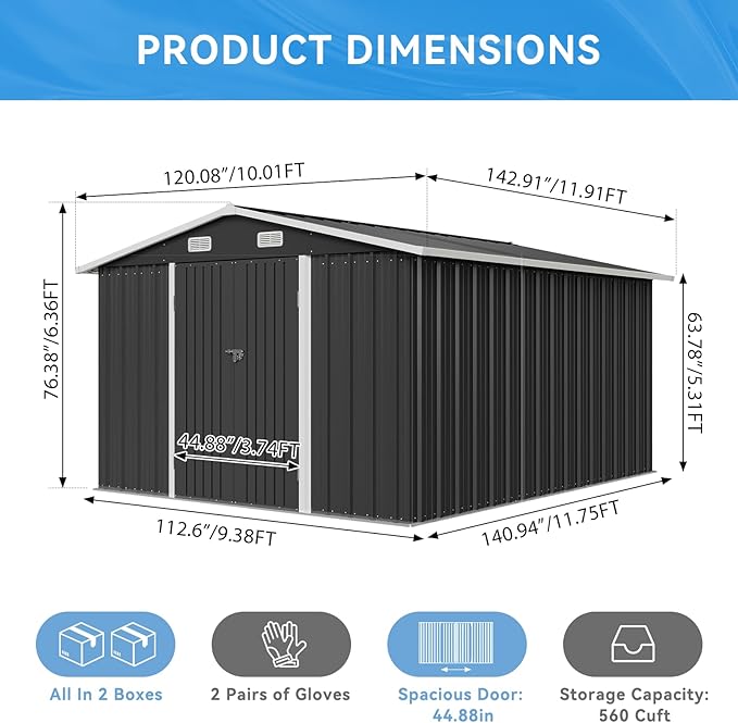 Aoxun 10x12 FT Outdoor Storage Shed - Metal Garden Tool Shed with Lockable Doors & Slooping Roof, Waterproof Outside Storage Shed Ideal for Tools, Garden Equipment & Bikes, Patio Placement(Black)