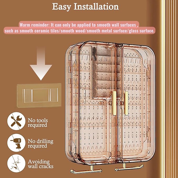Wall Mounted Jewelry Organizer, No Punching Installation, Hanging Jewelry Organizer Box and Storage Case, Necklace Earring Holder Organizer Wall for Women Teen Girls (Gray Gold)