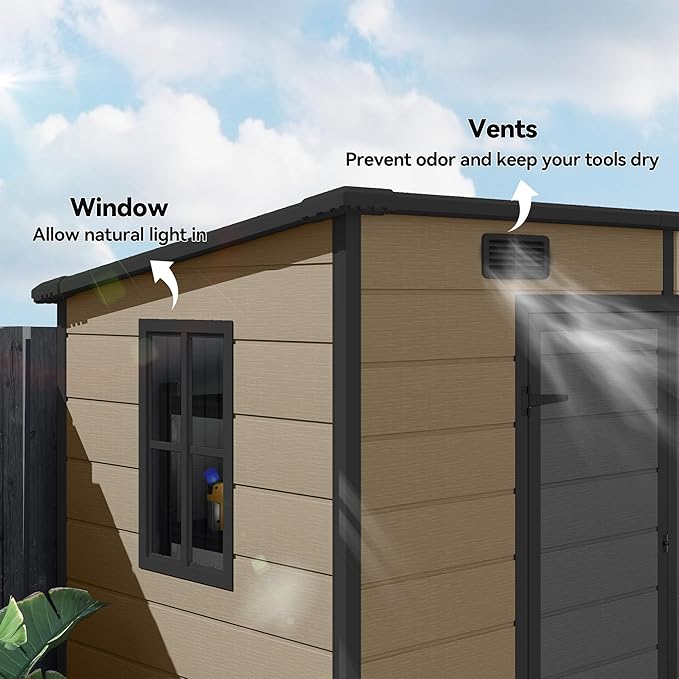Outsunny 8' x 4' Outdoor Storage Shed, Waterproof Resin Plastic Shed with Floor, Window, Lockable Door and Vents, All-Weather Garden Tool Shed for Backyard, Patio, Lawn, Brown