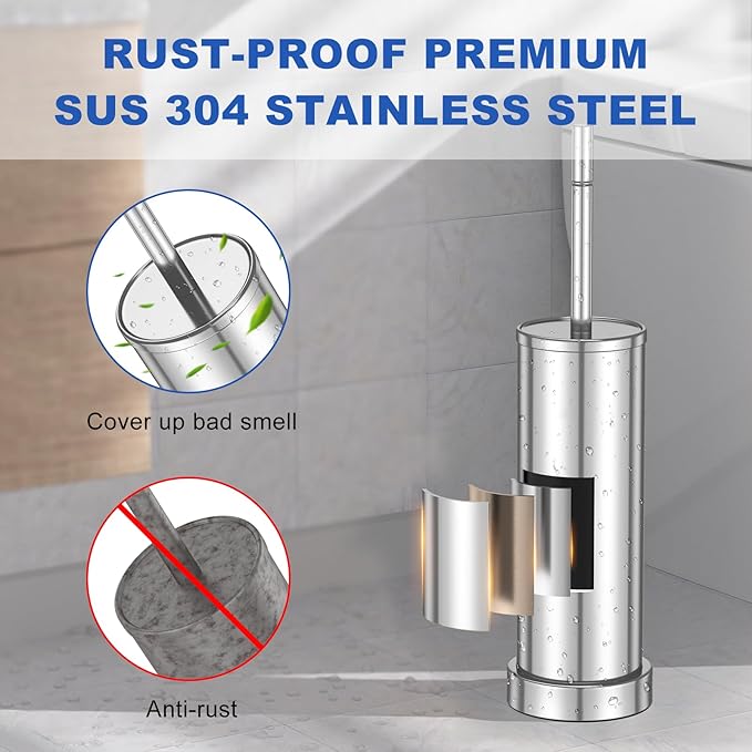 304 Stainless Steel Toilet Brush and Holder Set, Heavy Duty Toilet Bowl Brush and Holder with Removable Inner Bowl, Splash Protection, Long Handle for Bathroom