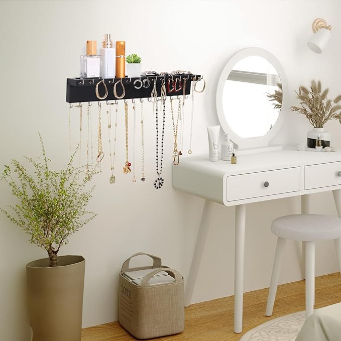 Necklace Holder Organizer Wall Mount,Jewelry Holder Organizer with 30 Hooks,Oak Jewelry Organizer and Storage for Necklaces,Bracelets and Rings (Black)