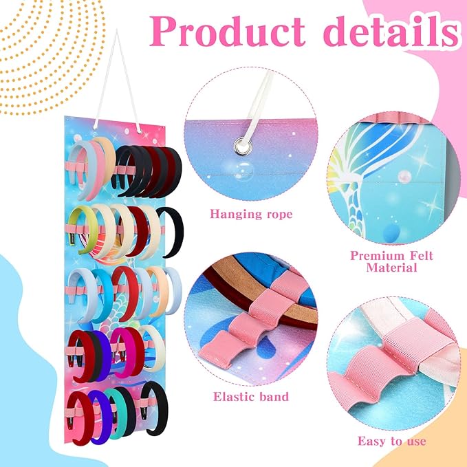 Tudomro Hanging Headband Holder for Girls Felt Hair Accessories Organizer with 60 Elastic Bands Bow Hanger for Girls Hair Bows Without Headbands(Mermaid,Bright Color)