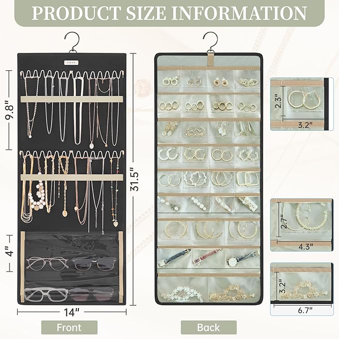 GMAK Hanging Jewelry Organizer with Hanger Metal Hooks, Double-Sided Jewelry Holder Accessories Organizer Storage Roll for Jewelry, Earrings, Bracelets, Necklaces, Rings - Black