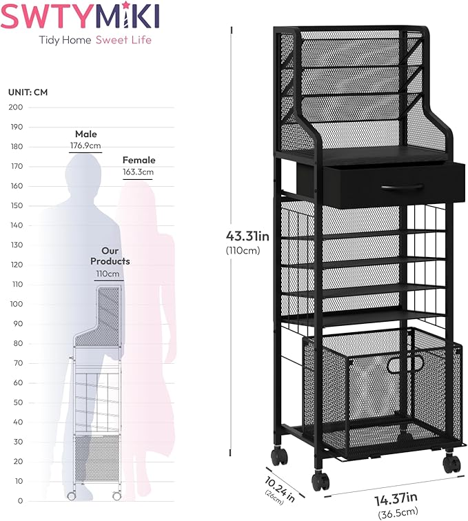 SWTYMIKI 10-Tier Rolling File Cart - Mesh Paper Organizer with Drawer and Hanging File Folders on Lockable Wheels, Rolling File Cabinet for Office Organization, Storage in Home, Studio, School, Black