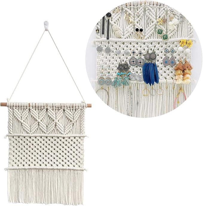 Macrame Jewelry Holder - Wall Hanging Organizer for Necklaces, Earrings, Rings & Bracelets - Cotton Thread
