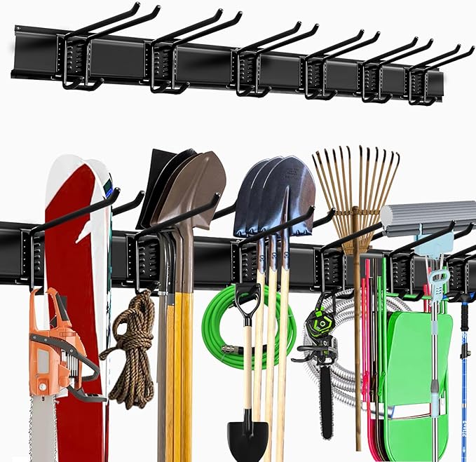 Garage Storage Rack Hooks, 48 Inch Heavy Duty Wall Mount Garage Organization with 3 Rails and 6 Adjustable Double Wall Hooks,Hanging Shelves for Garden Tool/Broom/Mop(Black)