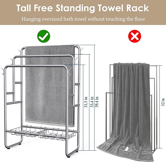 Kayfia 40" Tall Standing Towel Rack for Extra Large Towel, 3 Tier Floor Towel Stand with Storage Basket & Hook, Freestanding Blanket Ladder Display and Drying Rack for Bathroom Living Room