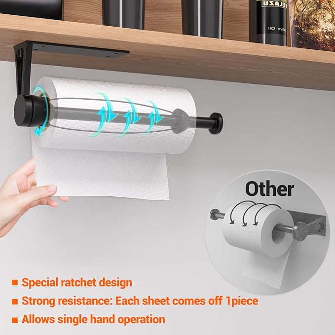 Paper Towel Holder Under Cabinet, Single Hand Operable Wall Mount with Damping Effect, Self-Adhesive or Drilled for Kitchen Bathroom, Black