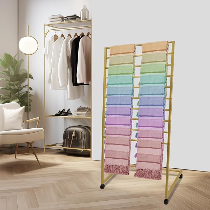10 Tier Metal Scarf Holder Organizer, Freestanding Hijab Rack, Floor-Standing Hijab Stand for Boutique Display, Retail Store, Bedroom (Gold, 10 Tier)