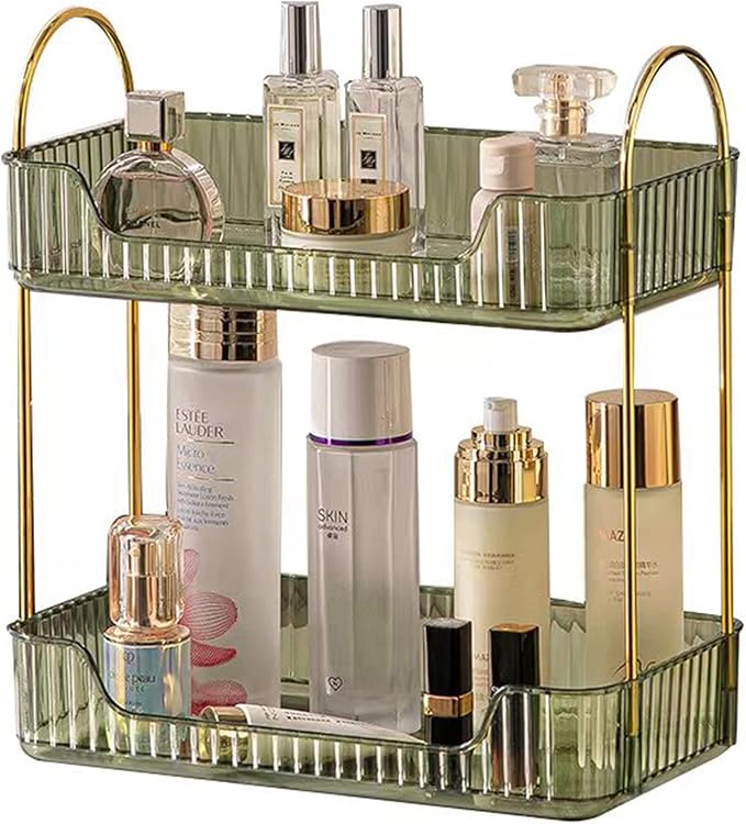 Bathroom Counter Organizer Countertop Storage, Cosmetics Skincare Shelf, Makeup Organizer Perfume for Dresser Vanity Tray, Spice Rack for Kitchen(2 Tier-Green)