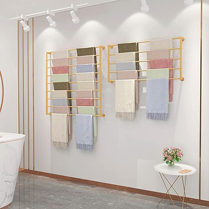 Wall Mounted Scarf Rack, Gold Silk Scarves Hijab Hanger Organizer Metal Racks Wrapping Tissue Paper Ribbon Holder Towels Storage Display for Flower Shop Retail Store (Gold, 7T-31.5×35.4IN)