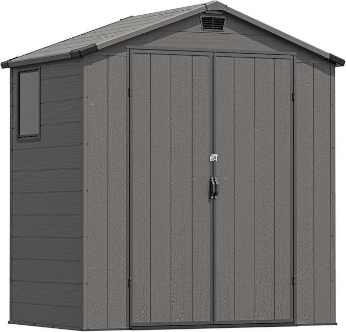 Greesum 6x4FT Plastic Outdoor Storage Shed with Floor, Resin Sheds with Lockable Double Door, Tool Sheds with Window and Vents, for Garden, Backyard, Patio, Dark Gray