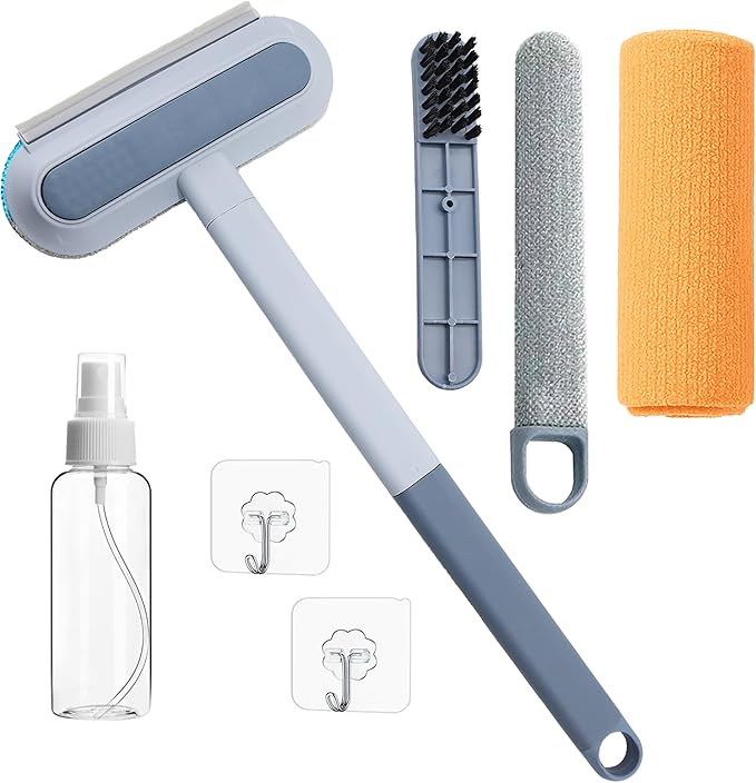 Window Screen Cleaning Brush Kit, Household Wet & Dry Cleaning Tool for Window Screens, Tracks and Frames, Includes Crevice Brush, Corner Brush, Microfiber Cloth and Hooks