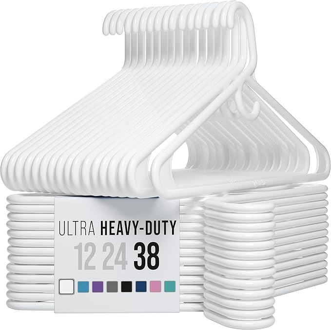 NEATERIZE Ultra Heavy Duty Plastic Clothes Hangers - White - Durable Coat, Suit and Clothes Hanger. Perchas De Ropa (38 Pack - White)