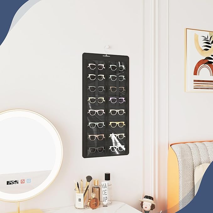 Hanging Sunglasses Organizer and Storage, Dual-Sided Sunglasses Case and Jewelry Holder, Wall-Mounted, 32 Clear Slots, Dust-Proof, Roof Design for Travel, Black