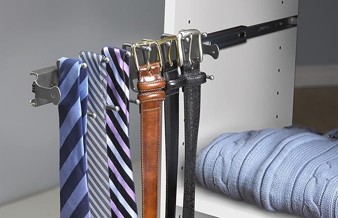 ClosetMaid SuiteSymphony Tie, Belt or Jewelry Rack, Sliding Slide Out Closet Organizer, 14 Hooks, Wall Mount or Add On Accessory, Satin Nickel