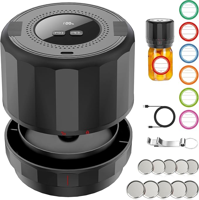 M11 Electric Mason Jar Vacuum Sealer Kit - with Wide and Regular Mouth Mason Lids, Jar Vacuum Sealer for Canning Jars, Vacuum Sealing Machine for Food Storage Black