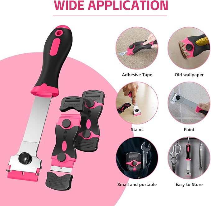 3 Pack Razor Blade Scraper Set, Includes 30 Plastic & 30 Metal Blades, Multi-Purpose Tool for Glass, Cooktop, Sticker Removal, Paint & Gum Cleaning (Pink)