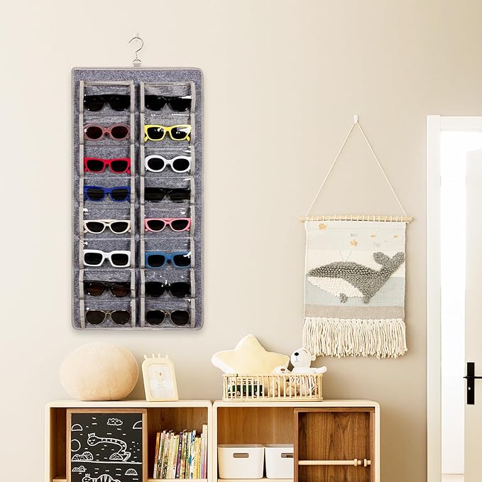 Dual Sided Sunglasses Storage organizer case, Eyeglasses Holder Wall Mounted with 32 Clear Slots & Metal Hook, Dust Proof Sunglasses Storage Case
