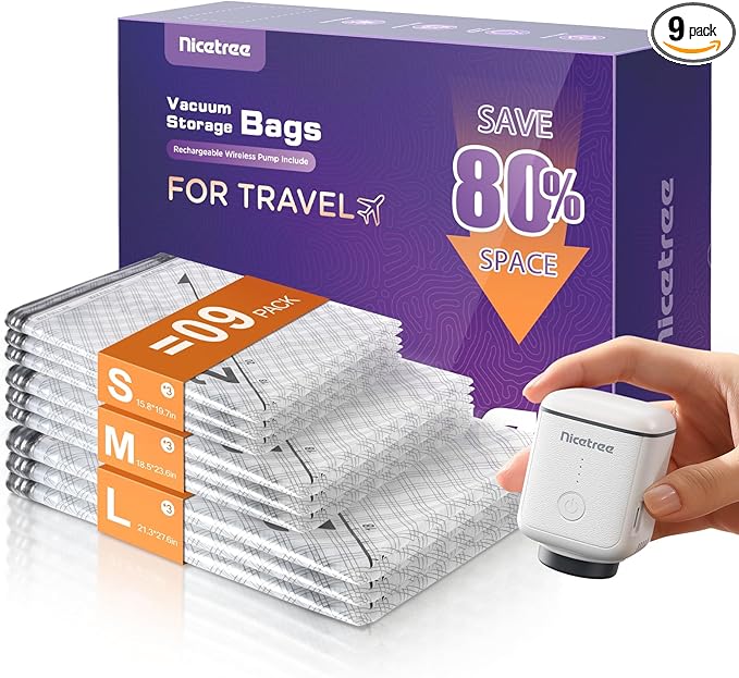 Nicetree 9-Pack Vacuum Storage Bags with Rechargeable Wireless Pump, 3 Sizes (20/24/28 Inch) Travel Vacuum Seal Bags for Clothing, Bedding & Seasonal Storage, Space Saver for Luggage