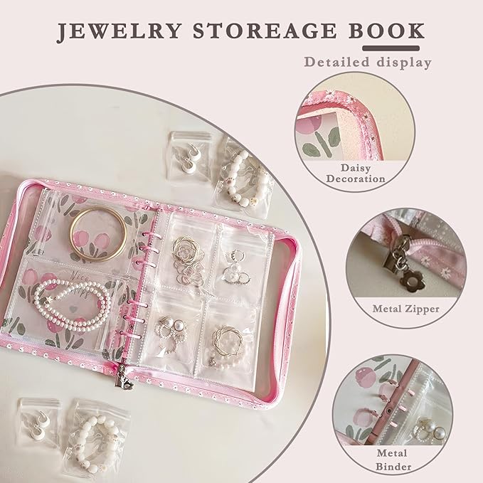 Jewelry Organizer Travel,Jewelry Storage Book with 80 Small PVC pouches,Portable Jewelry Organizer Zipper Bags for Necklaces Bracelet Rings and Earrings (front cover removable),Pink