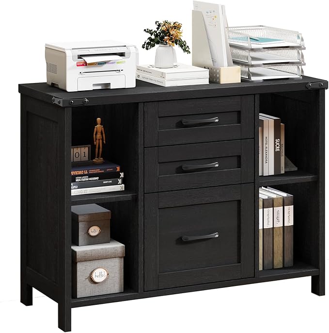 3 Drawer File Cabinet, Farmhouse Lateral Filing Cabinet Fits Files Letter or A4 Size, Wooden Printer Stand with Open Storage Adjustable Shelf for Home Office, Black