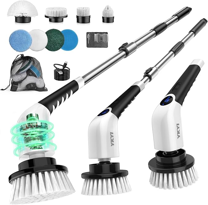 YKYI Electric Spin Scrubber-Cordless Power Scrubber with 8 Brush Heads, 3 Speeds & Adjustable Long Handle, IPX7 Waterproof Shower Cleaning Brush for Bathroom Tile, Bathtub, Grout, Kitchen(Matte White)