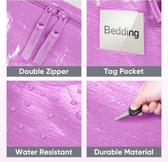 TICONN 8 Pack Extra Large Moving Bags Heavy Duty with Zippers & Carrying Handles, Durable Storage Bags Moving Boxes for Closet Organizers and Storage (8 Pack, Pink)