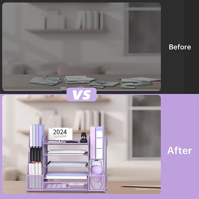 SUPEASY Mesh Desk Organizer with File Holder, 5-Tier Paper Letter Tray Organizer with Magazine Holder, Desktop Organizer and Storage with Drawer for Office Supplies Home or School (Purple)