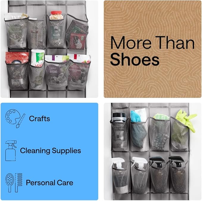 GORILLA GRIP Over the Door Shoe Organizer, 12 Large Breathable Mesh Pockets, Space Saving Hanging Storage Holder, 2 Hook Closet Rack Hanger, Hangs on Closets for Shoes, Accessories, 64H x 9.5W Grey