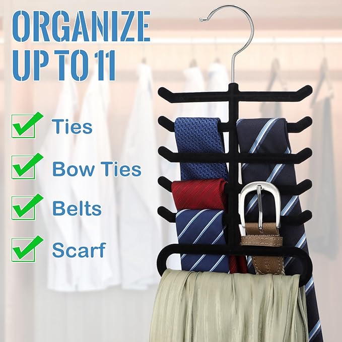 Kathfly 8 Pcs Black Velvet Tie Hanger 360° Rotatable Non Slip Hook Flocked Tie Rack Belt Organizer for Belts and Scarves