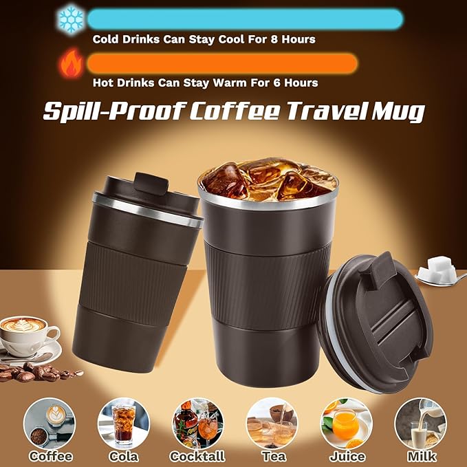 Vacuum-Insulated Stainless Steel Travel Coffee Mug, Leak-Proof Reusable Coffee Cup with Lid - Keep Hot & Cold Drinks for Hours, Durable Insulated Tumbler for Men & Women(3rd-Dark Coffee, 17OZ)
