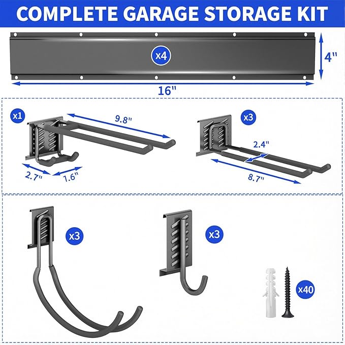 Shed Tool Organizer Wall Mount, 64inch Heavy Duty Garden Tool organizer Storage System, Easy Install With 10 Adjustable Hooks, For Garage, Basement, Shed, Workshop(Black)