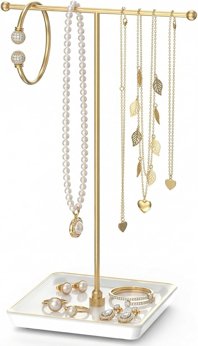 Jewelry Holder Stand with Ceramic Base: 12" Tall Necklace Organizer Rack, Tree Design Display Storage for Necklaces, Bracelets, Rings, Earrings, Aesthetic Vintage Room Décor (Gold)