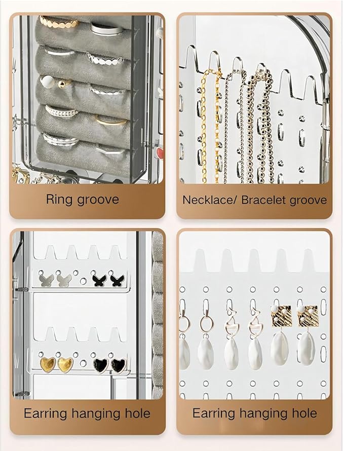 Wall Mounted Jewelry Organizer Cabinet- No Punching Foldable 4- Compartment Jewelry Hanging Organizer for Necklaces, Rings, Bracelets | Jewelry Earring Holder Storage Box for Women & Girls (Rose Gold)