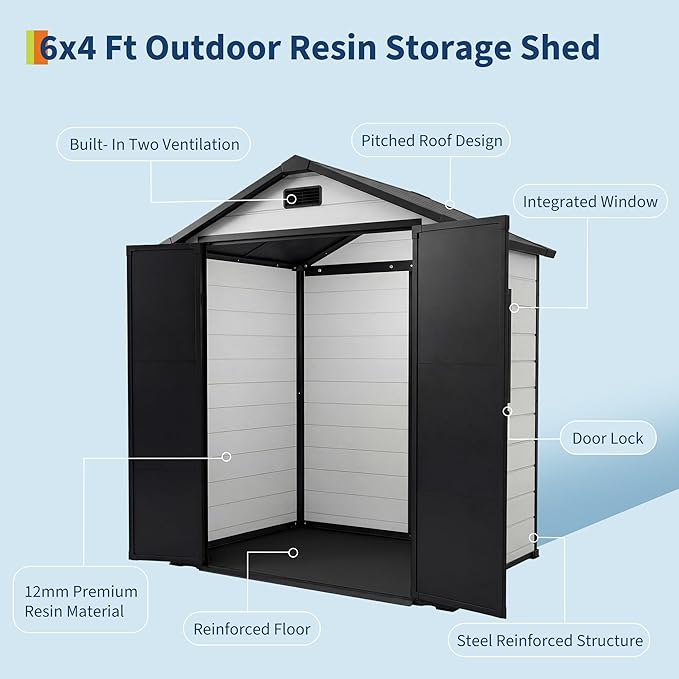 6x4 FT Outdoor Storage Shed with Floor, Plastic Resin Garden Shed with Window & Sloping Roof & Lockable Door for Patio Backyard Garden, Lawn Mower, Bike, Tool Storage