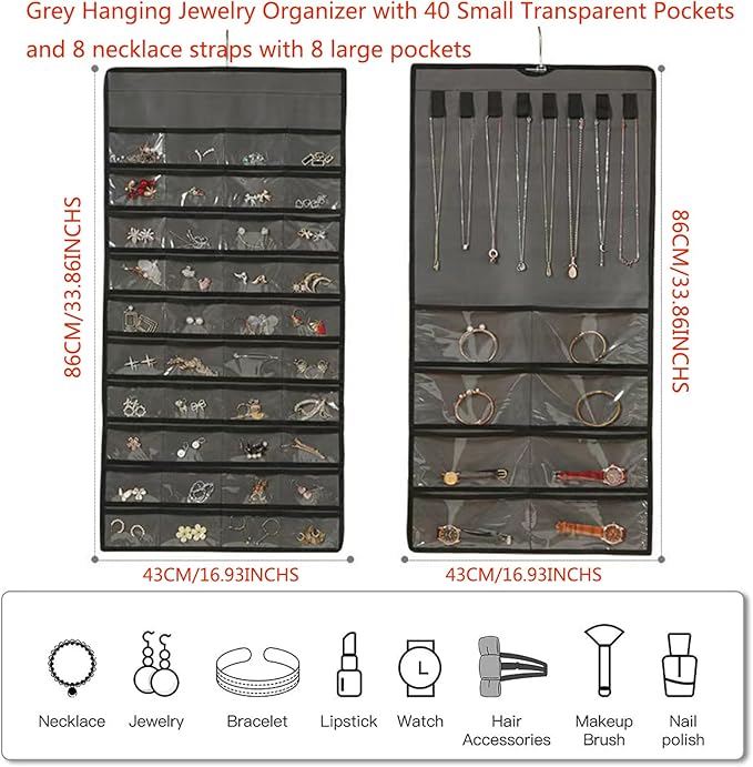Hanging Jewelry Organizer,80+48 Clear Pockets and 8 Hooks for Jewelries Dual-Sided Display Holder,Wardrobe Storage Holder with Hook for Storing Jewelries Earrings Necklaces Rings Bracelets Glasses