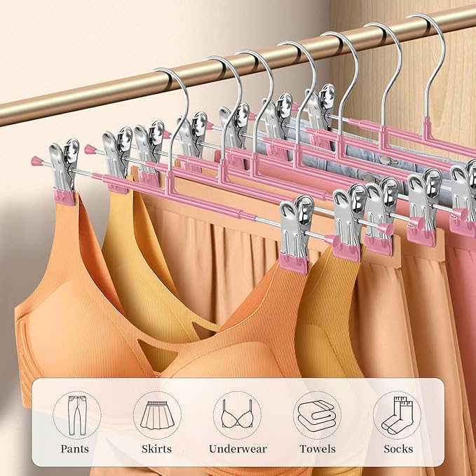 Pants Hangers with Clips 10 Pack Adjustable Skirt Hangers for Women Non-Slip Trousers Hanger for Jeans Clothes Hangers for Pants Heavy Duty Space Saving Shorts Hangers,Pink,14Inch